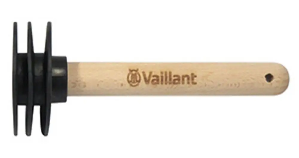 Holzgriff mit befestigtem Kunststoffelement, auf dem der Markenname "Vaillant" graviert ist. Das Produkt hat mehrere Lamellen.